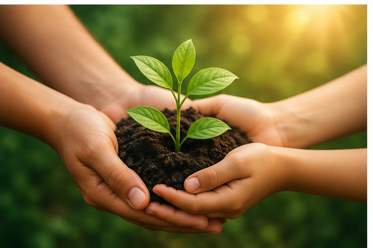 Hender som planter en liten plante